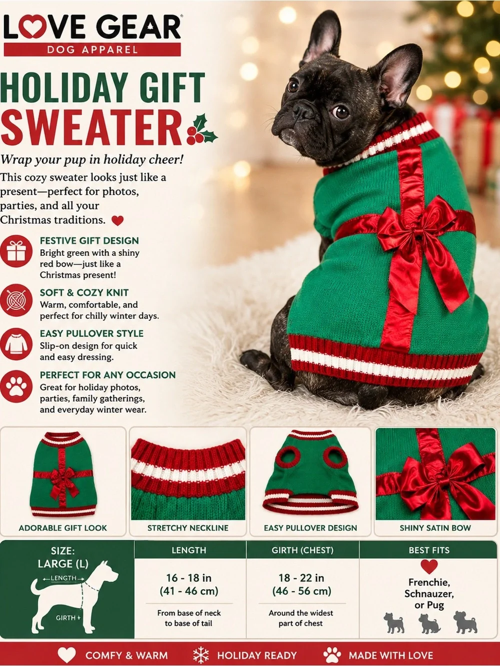 Holiday Dog Sweater - Green with Red Bow